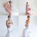 Maternity session, pregnancy posing, styled photo shoot grey studio, posing with dad, hombre gown