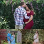 pink Maternity gown, gold sequence pregnancy dress, forest, outside, children, family, smoke bomb