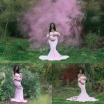 pink Maternity gown, gold sequence pregnancy dress, forest, outside, children, family, smoke bomb