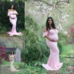 pink Maternity gown, gold sequence pregnancy dress, forest, outside, children, family