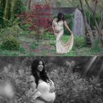 pink Maternity gown, gold sequence pregnancy dress