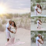 Beach maternity session, pink dress, couple, posing