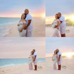 Beach maternity session, pink gown, couple, posing