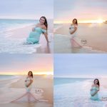 Beach maternity session, pink dress, couple, posing