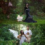 Maternity session, forest, black dress, angel wings