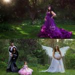 Maternity session, forest, black dress, angel wings, grey, purple gown
