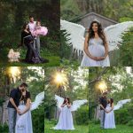 Maternity session, forest, black dress, angel wings, grey, purple gown