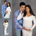 Maternity session, pregnancy posing, styled photo shoot grey studio, posing with dad, hombre gown